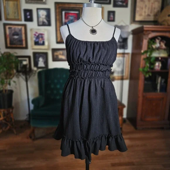 Vintage Y2K Liberty Love Black Ruffle Spaghetti Strap Smocked Waist Mini Dress - Picture 2 of 7